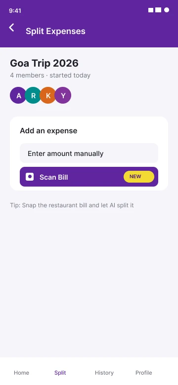 Split Expenses screen with a new Scan Bill option marked NEW