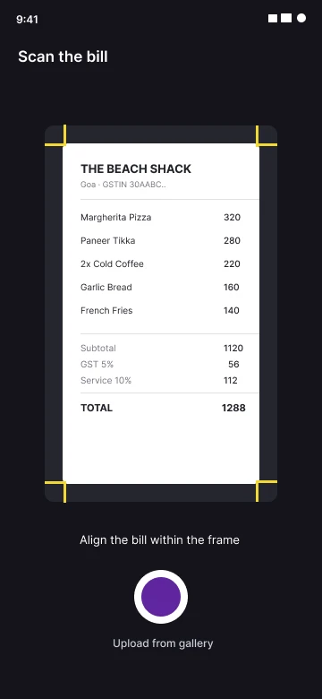 A restaurant bill: pizza, paneer tikka, cold coffee, garlic bread, fries, with GST and service charge