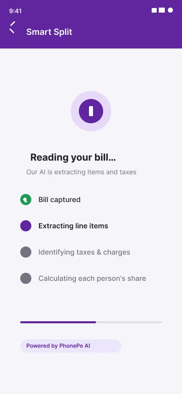 Processing screen: bill captured, extracting line items, identifying taxes, calculating shares
