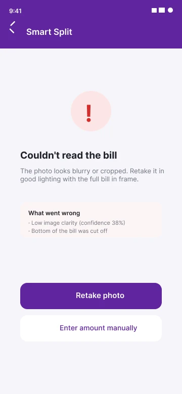 Error screen: couldn't read the bill, low image clarity, confidence 38 percent, retake or enter manually
